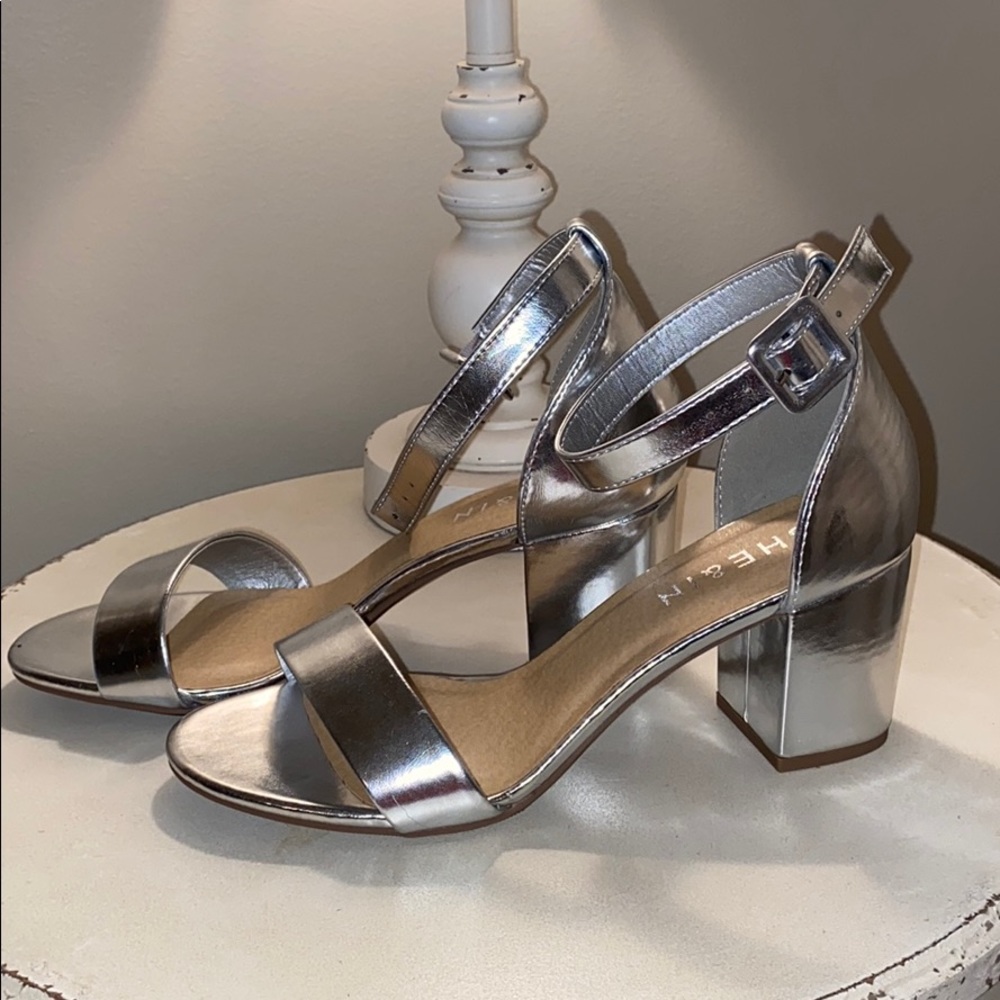 Silver open toe ankle strap heels